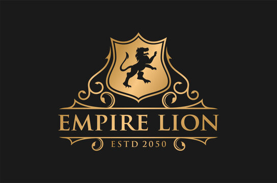 Elegant heraldic golden lion crest logo design.  Animal mythology  ancient vector illustration