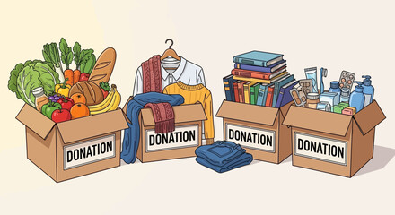 Vector SVG Illustration of Donation Boxes with Clothing Books and Supplies in Modern Flat Style for Charitable Campaigns