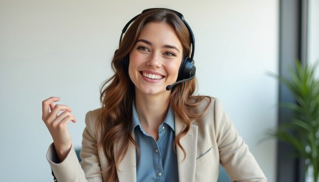 Cheerful woman in headset providing customer support