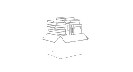 Vector Minimalist Line Art SVG Illustration of a Cardboard Box Filled with Stacked Books in Monochrome Style for Digital and Print Use