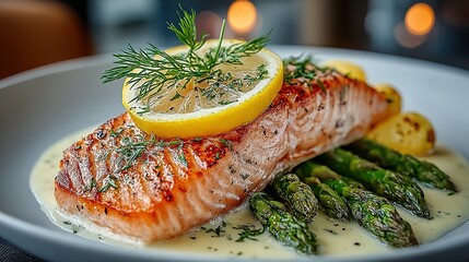 Roasted salmon fillet with lemon, dill, asparagus, and creamy sauce.