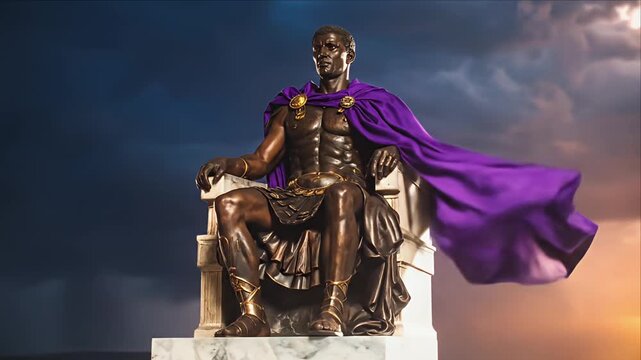 A bronze seated figure in regal attire with a dramatic stormy background