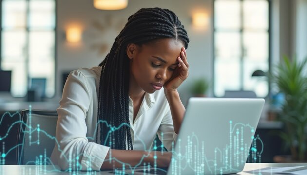 Stressed woman working on a laptop in a modern office