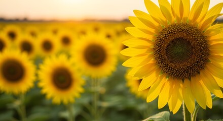 Obraz premium A field of bright yellow sunflowers in full bloom under a warm, golden sunset sky.