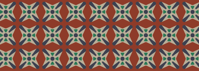 Vintage Geometric Star Tile Pattern. Seamless Abstract Background with Red, Cream, Navy, and Green Colors.