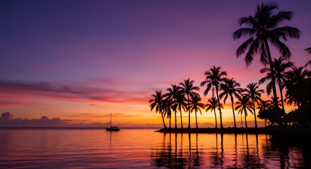 Obraz premium A vibrant sunset over a tranquil ocean, silhouetting palm trees and a sailboat.