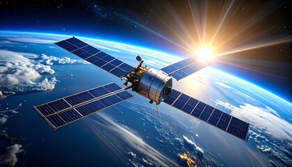 Satellite in orbit above Earth with solar panels and bright sunlight in space illustration 1