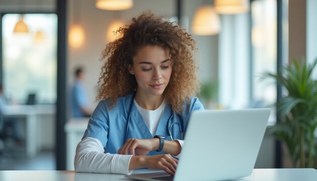 Focused nurse checking smartwatch while working on laptop