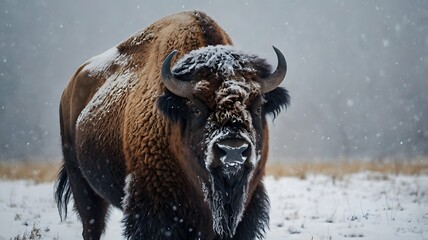 A bison standing strong in a snowy blizzard, fur dusted with ice