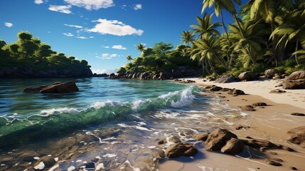Sandy Tropical Beach with Island on Background

