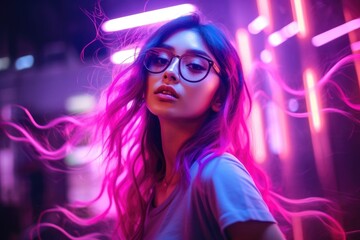A woman poses with pink neon hair, wearing glasses in a cyberpunk fashion style. Modern youth and digital art concept for design.