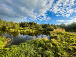  Forest pond with still water reflecting a partly cloudy sky. Green grassy bank and dense trees create a peaceful summer landscape.