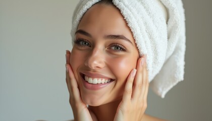 Radiant woman with a towel smiling brightly