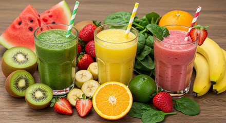Assortment of Colorful Fresh Fruit Smoothies on a Wooden Table