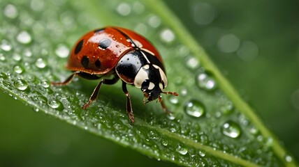 Obraz premium : Macro shot of a ladybug sitting on a dewy green leaf 3