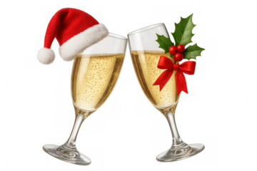 Christmas champagne flutes with santa hat, holly and red ribbon on transparent background, celebrating christmas and new year's eve with a festive toast