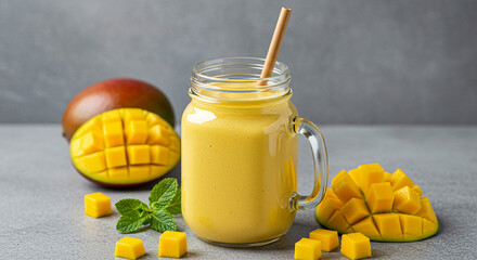 Delicious Mango Smoothie in a Mason Jar with Fresh Fruit and Mint
