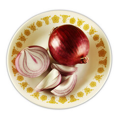 organic Red onion with cut in half isolated in plate, top view, cutout in transparent background, png format  