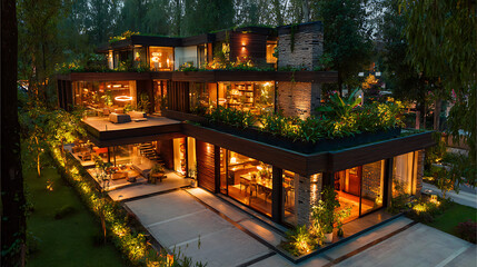 Modern Multilevel House with Warm Night Lighting and Green Roof