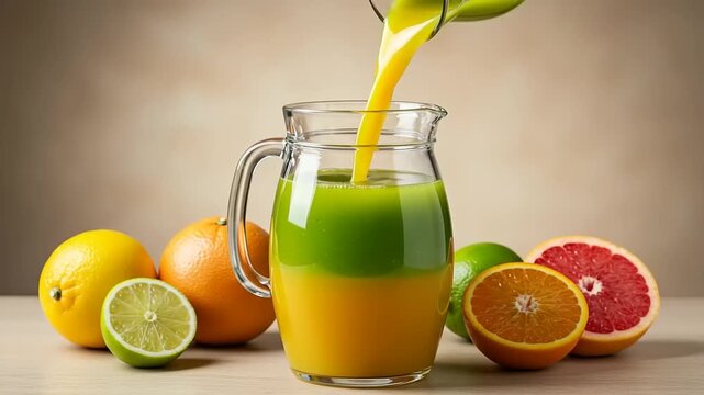 Juice pouring into a glass pitcher surrounded by citrus fruits.