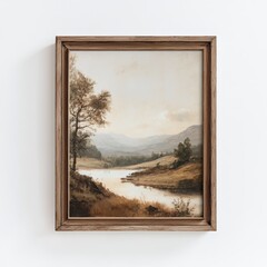 A painting of a river with mountains in the background