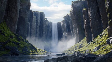 Dramatic waterfall cascading down a rugged canyon.