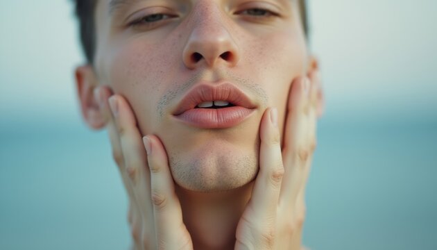 Close-up of a young man gently touching his face