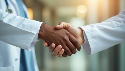 Diverse doctors shaking hands in a professional setting