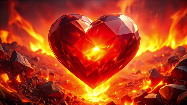 A gem-like heart ablaze in fiery landscape, radiating warmth