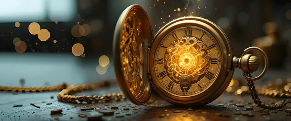 Vintage Charm An Exquisite Golden Pocket Watch Displaying Intricate Details Clockwork Gears and Timeless Elegance