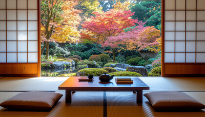 Serene Traditional Japanese Room with Autumn Garden View and Tea Set
