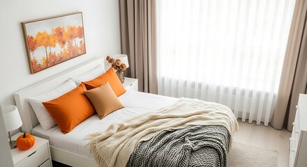 Cozy Bedroom Interior with Fall Decor, Orange Pillows and Warm Sunlight
