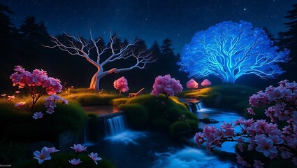 A serene landscape with glowing trees and a gentle stream under a starry night sky setting the mood