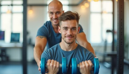 Two men working out together in a gym