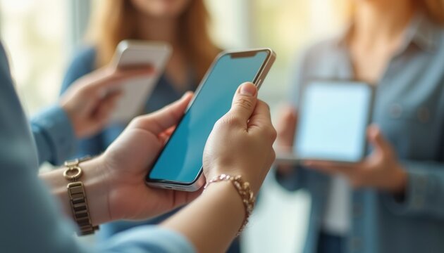 Hands holding smartphones and a tablet in a modern setting