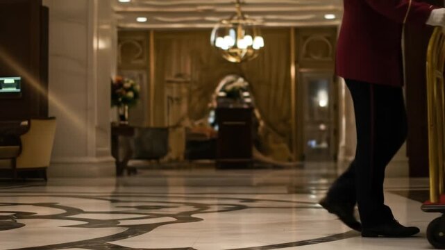 Hotel Bellhop Pushing Luggage Cart in Grand Luxury Lobby with Ornate Decor and Marble Floor