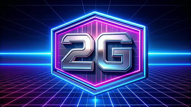 A metallic "2G" in a retro, geometric, neon-lit digital space
