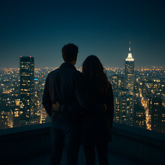 Naklejka premium A young adult couple, appearing romantic, embraces while overlooking a sprawling city skyline illuminated at night