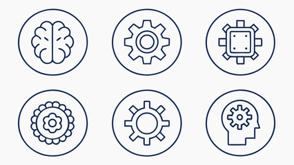 Artificial intelligence icons representing mechanical and intellectual ideas robot and gear icons set in outline style