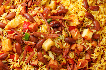 Baião de Dois, a typical dish of Brazilian northeastern cuisine with rice, beans, sun-dried meat and curd cheese