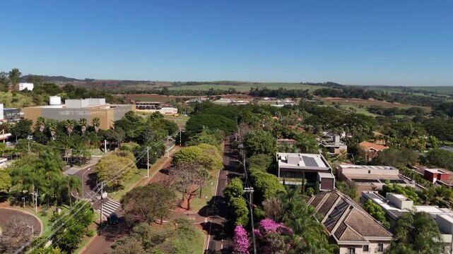 Drone sobrevoando avenida arborizada na Vila do Golfe &ndash; Ribeir&atilde;o Preto - Ip&ecirc; 