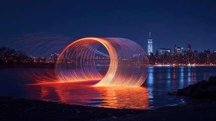 Light trails create a glowing circle over a river at night.