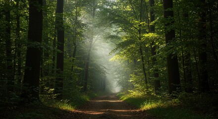 Obraz premium Forest path with sunlight shining through trees creating a bright ethereal atmosphere.