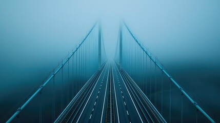 Obraz premium A cable-stayed bridge stretches into a dense fog.