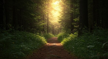 Obraz premium Path through a forest with sunlight shining through the trees.