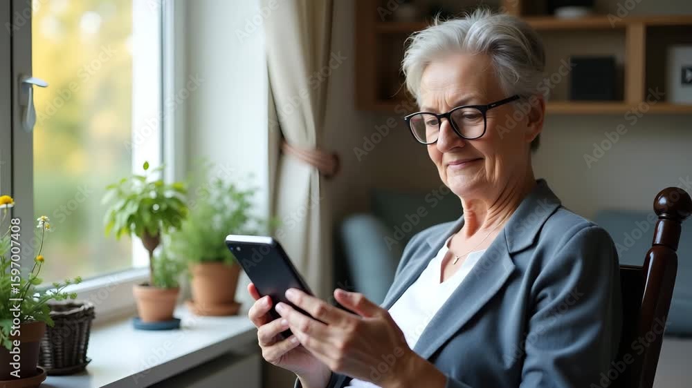 Poster high resolution photo stock image: tech-enabled elder independence with smart home devices and adapt