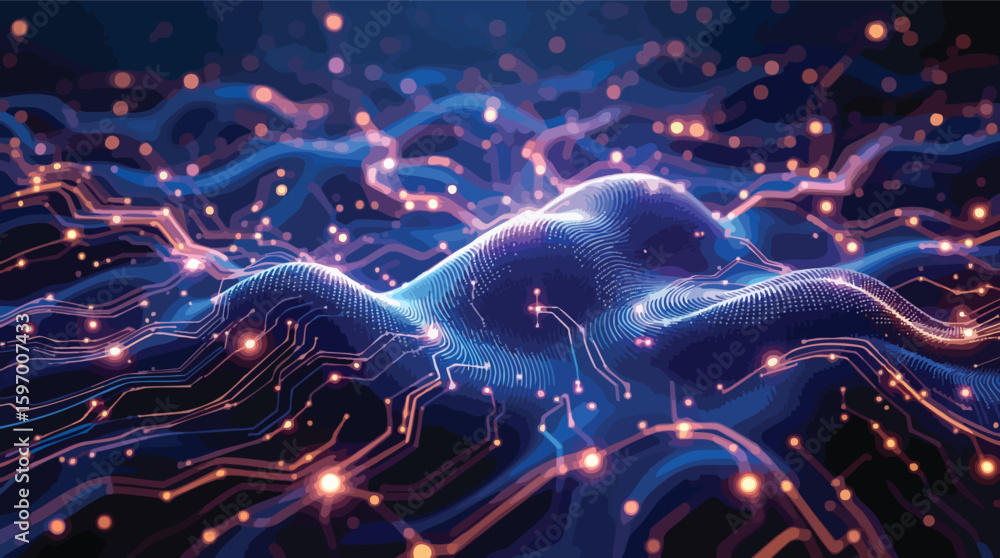 Poster abstract digital circuitry representation of data processing and network connectivity illustration.