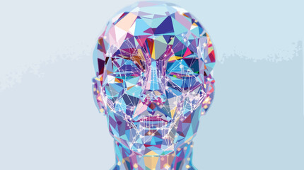 Abstract geometric human face with connecting lines against a light blue background.