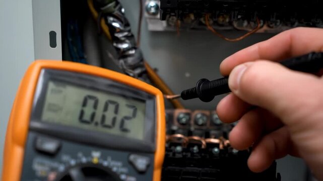 Electrician using multimeter for grounding wire and voltage test inside an electrical panel for total safety.