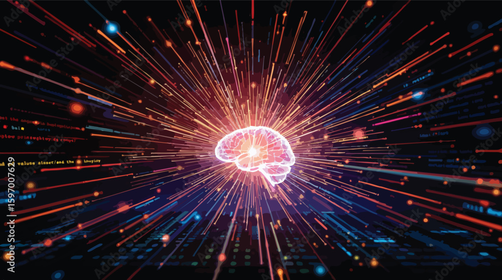 Poster abstract illustration of a brain with energy lines representing artificial intelligence and data pro